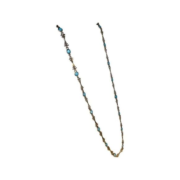 Blue Turquoise Silver Tone Station Vintage Bohemian Minimalist Necklace 27” - Picture 8 of 13